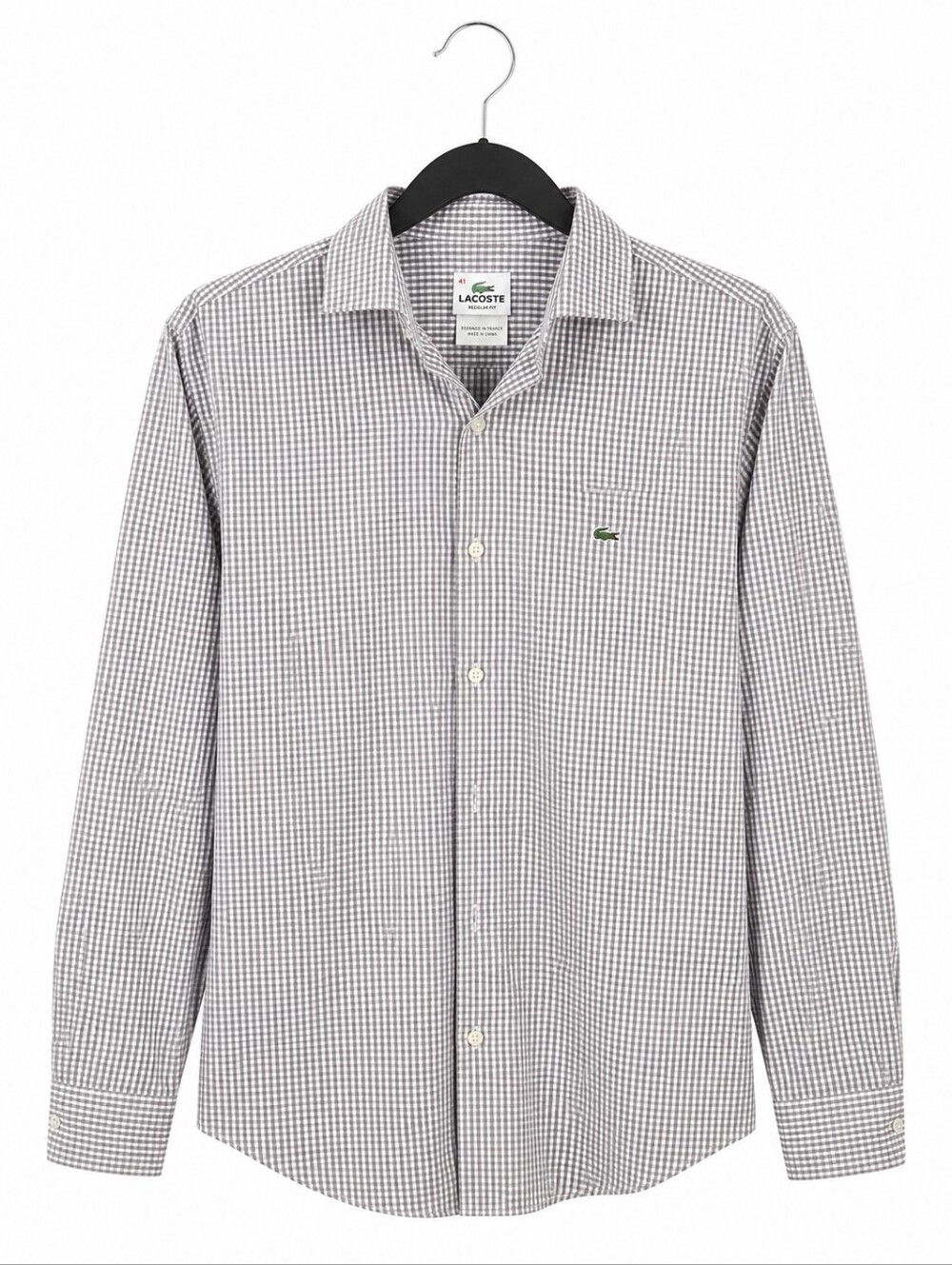 Lacoste Regular Fit Grey White Gingham Button Up Shirt Mens Sz 41 Cotton Preppy